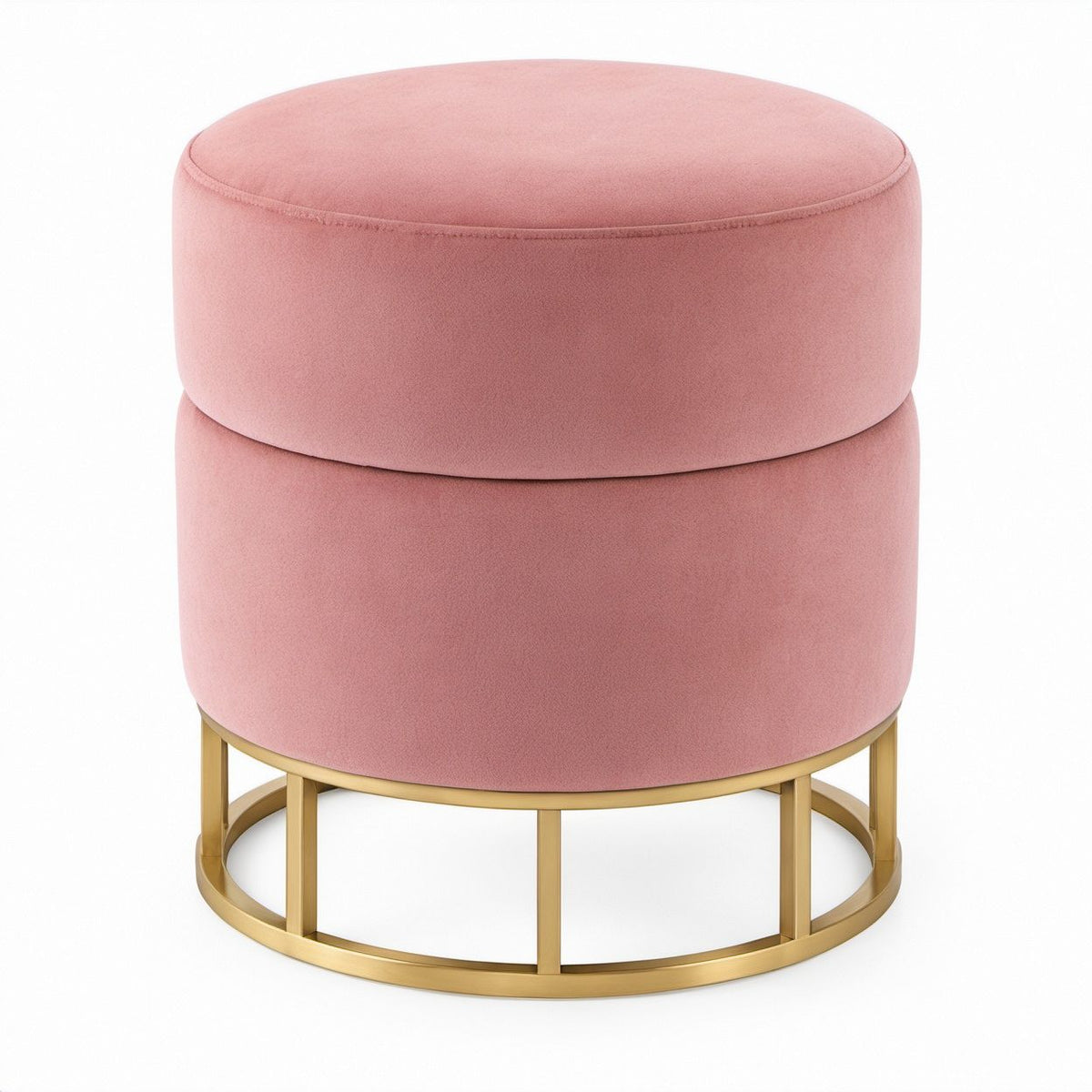 Runder Fußhocker aus rosa Polyestersamt mit goldfarbenem Stahlgestell, Ø 40 x 45 cm