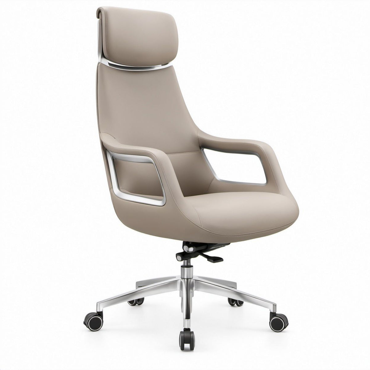Chefsessel mit hoher Rückenlehne aus beige PU-Kunstleder, Aluminium, 68 x 68 x 116–126 cm