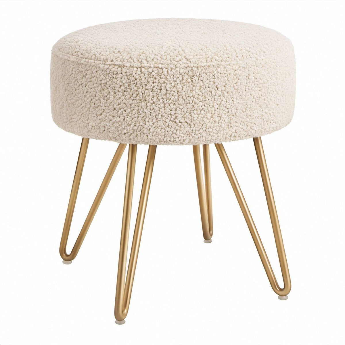 Runder Polsterhocker in Cremeweiß mit Bouclé-Bezug und goldfarbenen Stahlbeinen, Ø 40 x H 47 cm