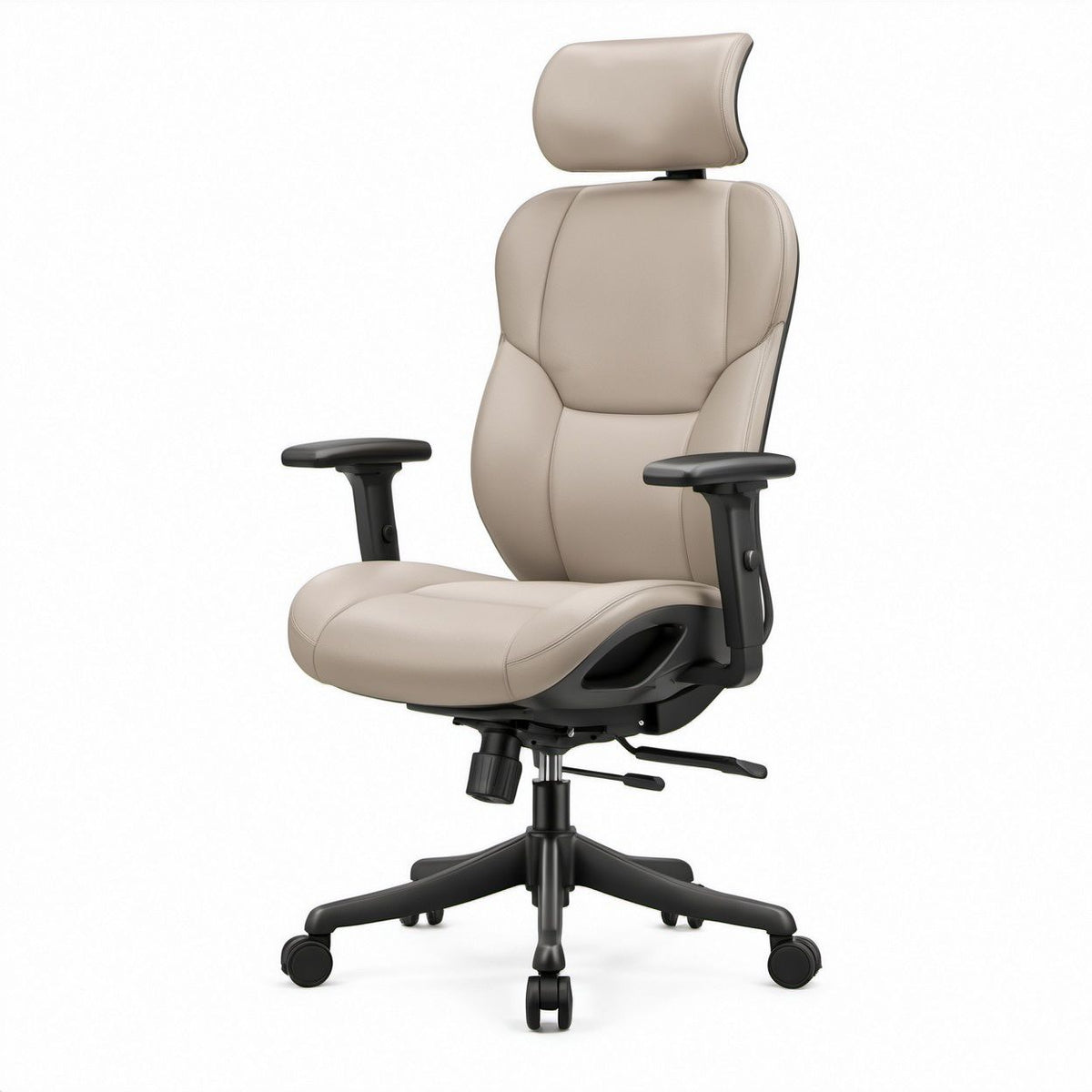 Ergonomischer Bürostuhl mit Kopfstütze und Armlehnen, Beige/Schwarz, 68 x 68 x 118–128 cm