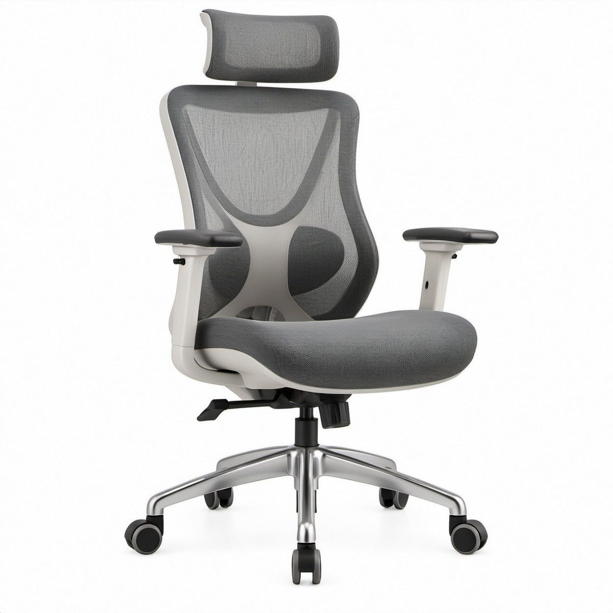 Ergonomischer Bürodrehstuhl mit Kopfstütze, Netzbezug in Grau/Weiß/Schwarz, 66 x 66 x 117–127 cm