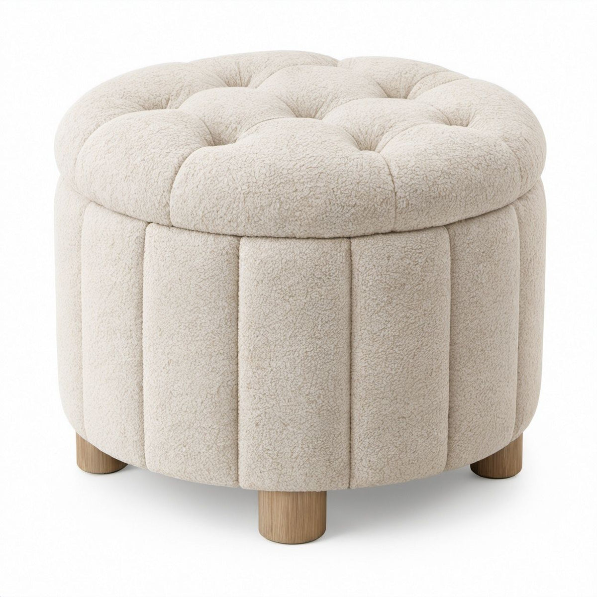 Runder Bouclé-Hocker in Cremeweiß mit Holzfüßen, Ø 60 x 45 cm