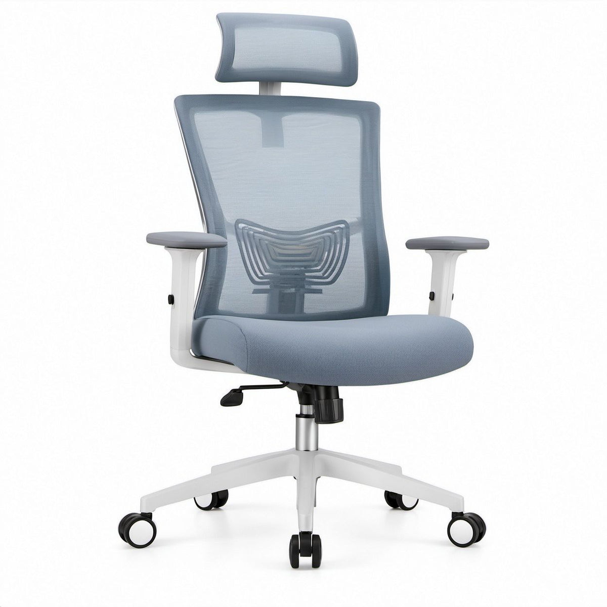Ergonomischer Bürostuhl mit Netzrücken, Kopfstütze und Lendenstütze, Hellblau/Weiß/Schwarz, 66 x 66 x 117–127 cm