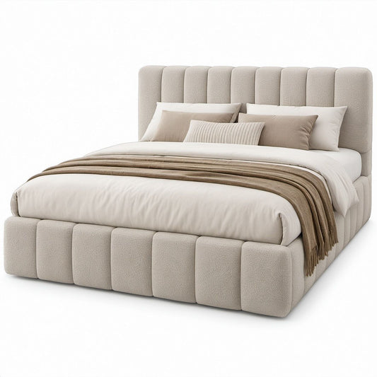 Gepolstertes Doppelbett aus Bouclé-Polyester, Beige, 180 x 200 cm