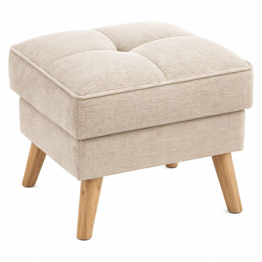 Quadratischer Polsterhocker in Creme mit Naturholzbeinen, 50 x 50 x 45 cm