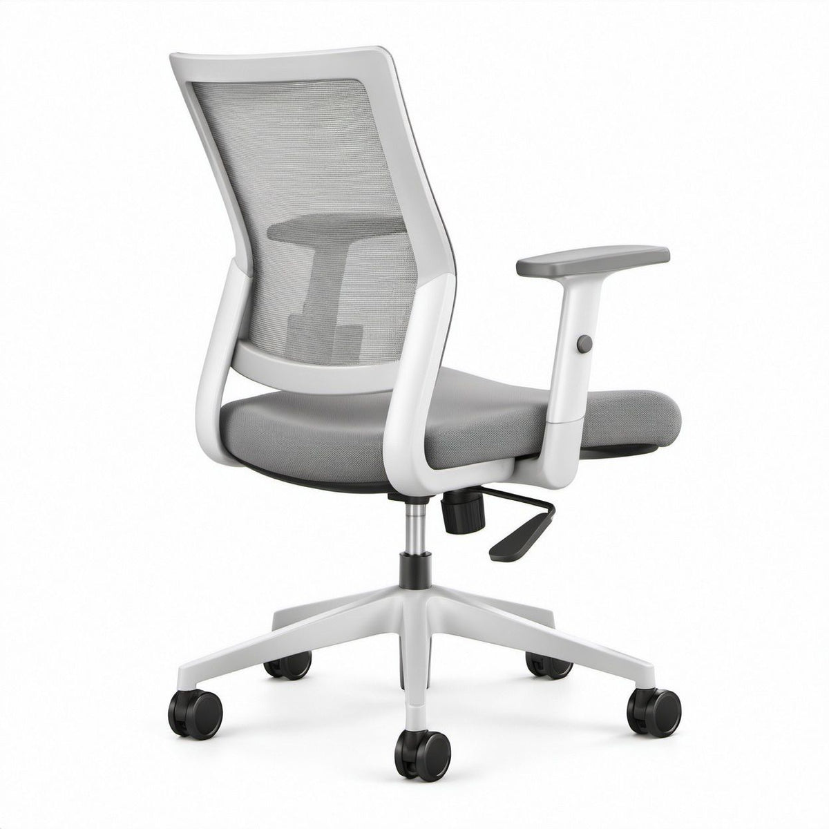 Ergonomischer Bürodrehstuhl Grau/Weiß mit Netzrücken, Armlehnen und Lendenstütze, 66 x 66 x 98–108 cm