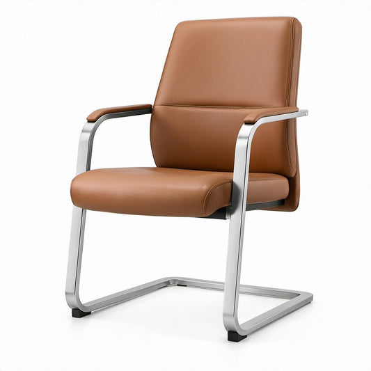 Freischwinger-Bürostuhl mit Armlehnen aus cognacfarbenem PU-Kunstleder, Stahlgestell, 60 x 64 x 101 cm