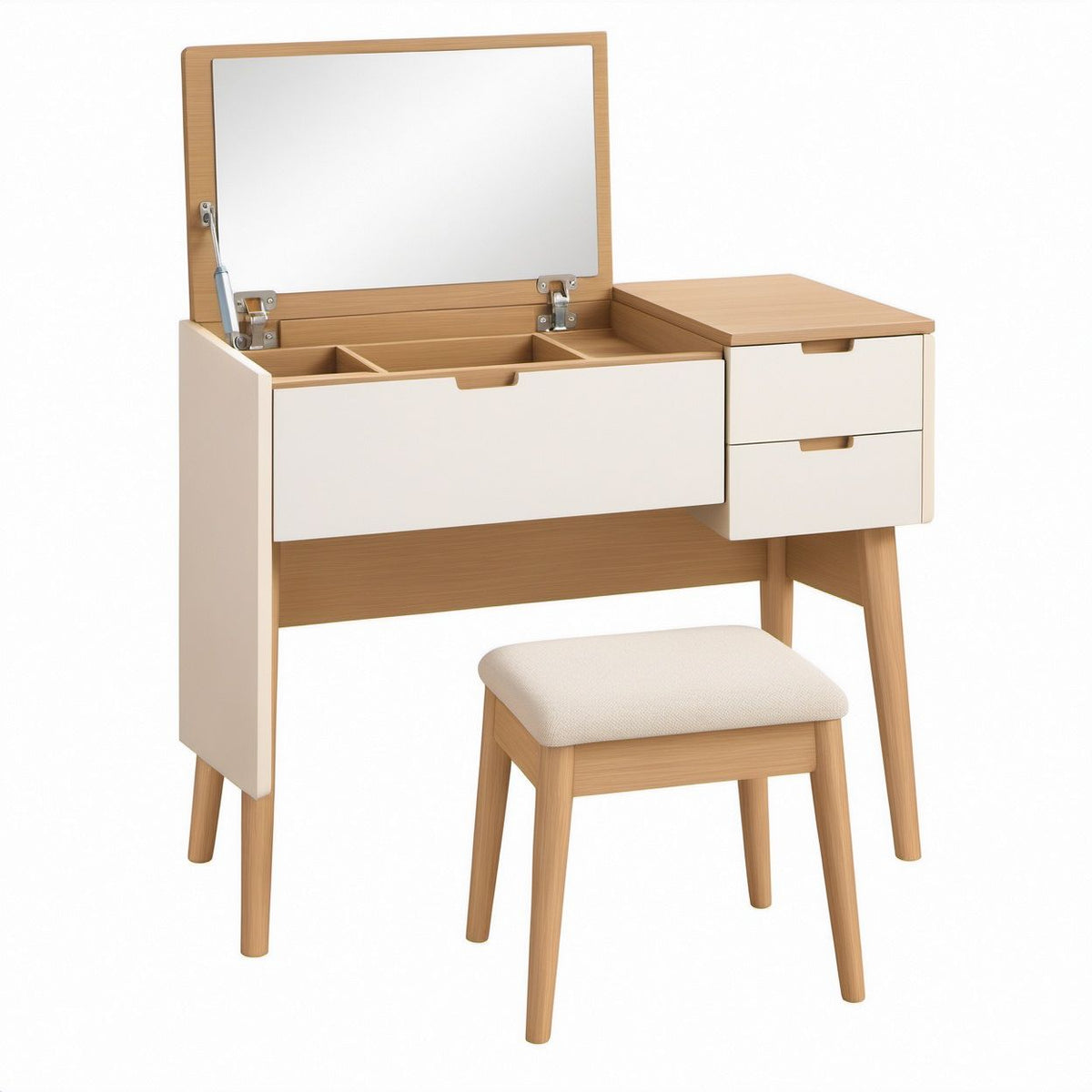 Schminktisch-Set mit gepolstertem Hocker und rechteckigem Klappspiegel, Weiß/Naturholz, 80 x 40 x 120 cm