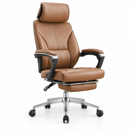 Ergonomischer Bürodrehstuhl mit Kopfstütze und Beinauflage, Braun/Schwarz/Silberfarben, 68 x 70 x 118–128 cm