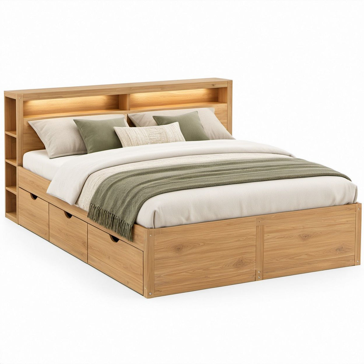 Stauraumbett 160 x 200 cm mit Kopfteilregal und 3 Schubladen, Natur Eiche