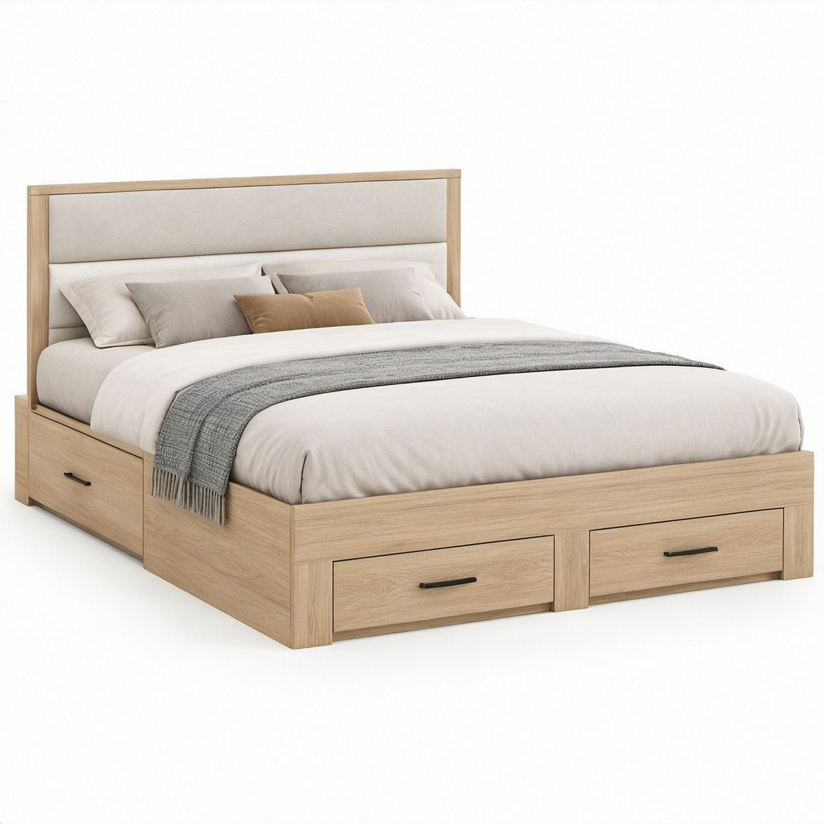 Stauraumbett 180 x 200 cm mit 4 Schubladen und gepolstertem Kopfteil, Eiche Natur/Beige/Schwarz