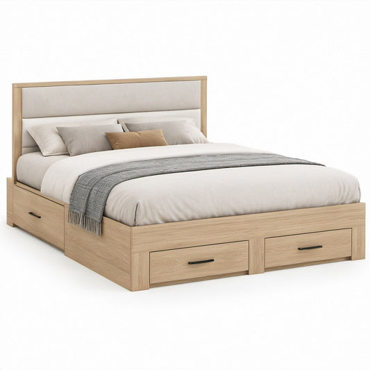 Stauraumbett 180 x 200 cm mit 4 Schubladen und gepolstertem Kopfteil, Eiche Natur/Beige/Schwarz