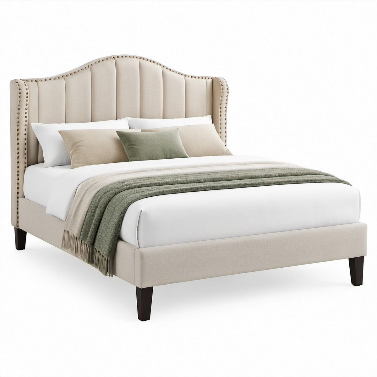 Polsterbett 160 x 200 cm mit geschwungenem Kopfteil, Beige