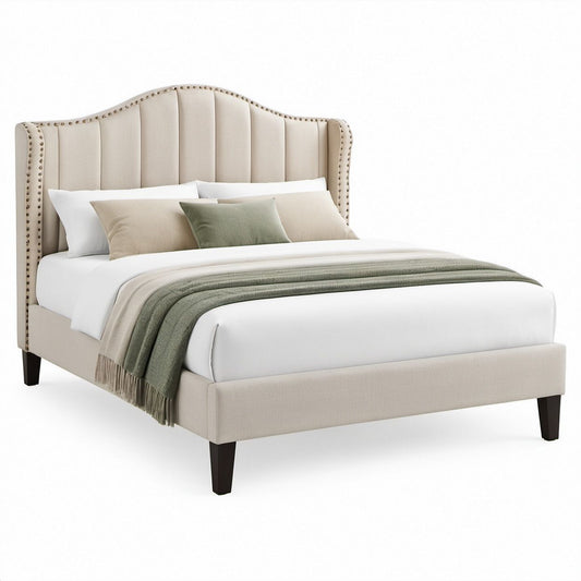 Polsterbett 160 x 200 cm mit geschwungenem Kopfteil, Beige