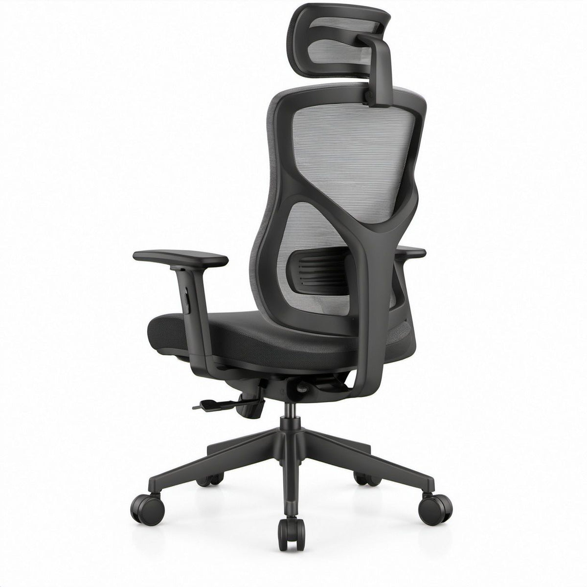 Ergonomischer Bürostuhl mit Netzrückenlehne, Kopfstütze und Armlehnen, Schwarz/Grau, 65 x 65 x 118–128 cm