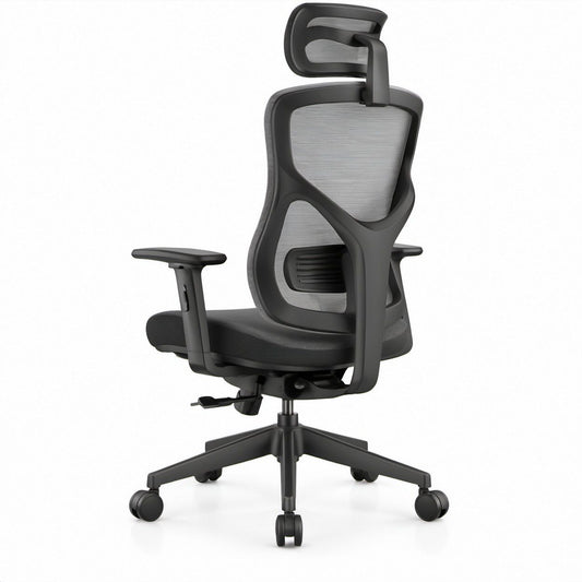 Ergonomischer Bürostuhl mit Netzrückenlehne, Kopfstütze und Armlehnen, Schwarz/Grau, 65 x 65 x 118–128 cm