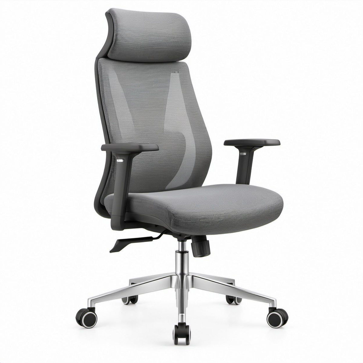 Ergonomischer Drehstuhl mit hoher Rückenlehne und Kopfstütze, Grau/Schwarz/Silber, 116–126 cm