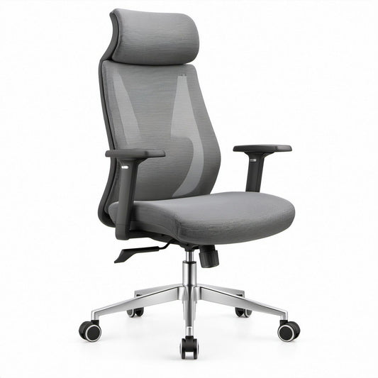Ergonomischer Drehstuhl mit hoher Rückenlehne und Kopfstütze, Grau/Schwarz/Silber, 116–126 cm