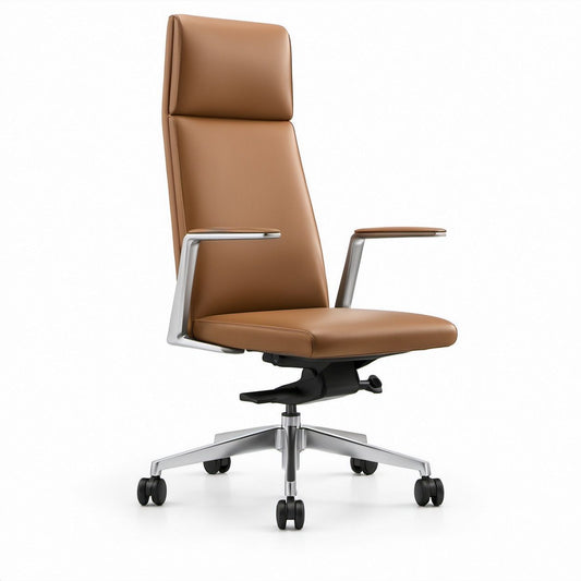 Chefsessel aus cognacbraunem PU-Kunstleder mit Aluminiumgestell, 68 x 68 x 118–128 cm