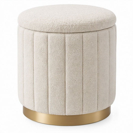 Runder gepolsterter Hocker aus Creme-Bouclé mit goldfarbenem Edelstahlsockel, Ø 40 x 45 cm