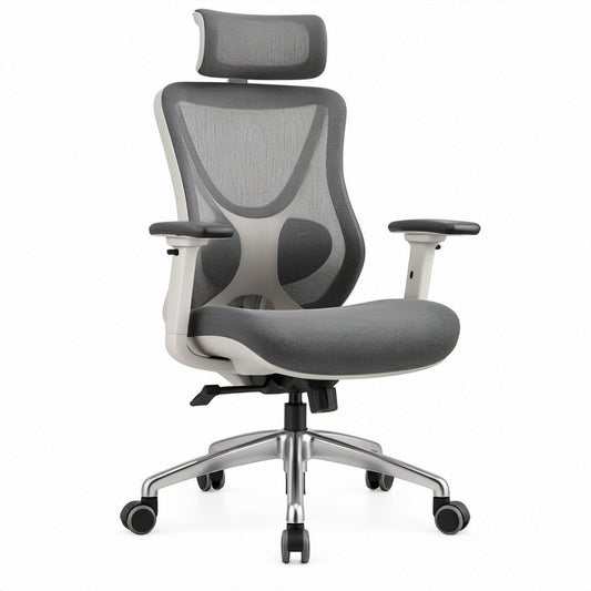 Ergonomischer Bürodrehstuhl mit Kopfstütze, Netzbezug in Grau/Weiß/Schwarz, 66 x 66 x 117–127 cm
