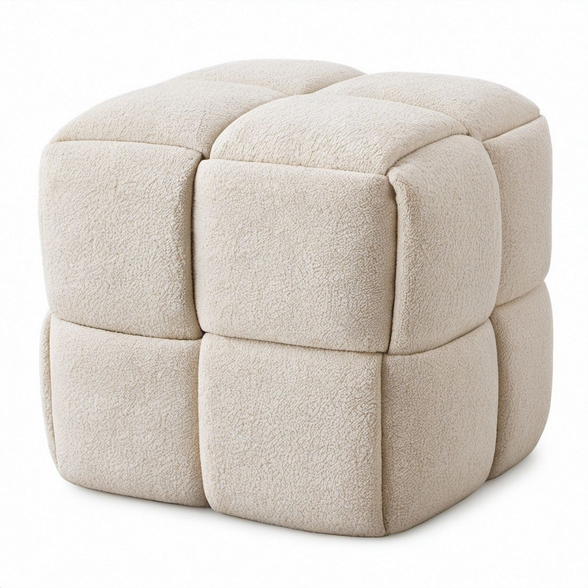 Würfelförmiger Fußhocker aus cremefarbenem Bouclé-Polyester, 45 x 45 x 45 cm