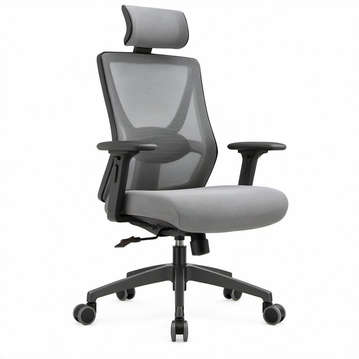 Ergonomischer Bürostuhl mit hoher Rückenlehne und Kopfstütze, Grau/Schwarz, 64 x 64 x 118–128 cm