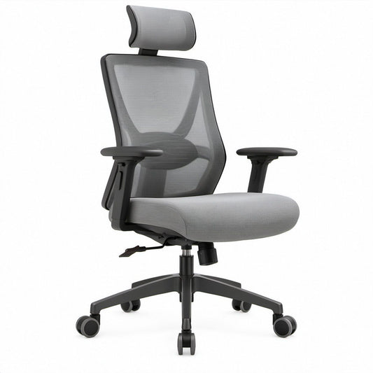 Ergonomischer Bürostuhl mit hoher Rückenlehne und Kopfstütze, Grau/Schwarz, 64 x 64 x 118–128 cm