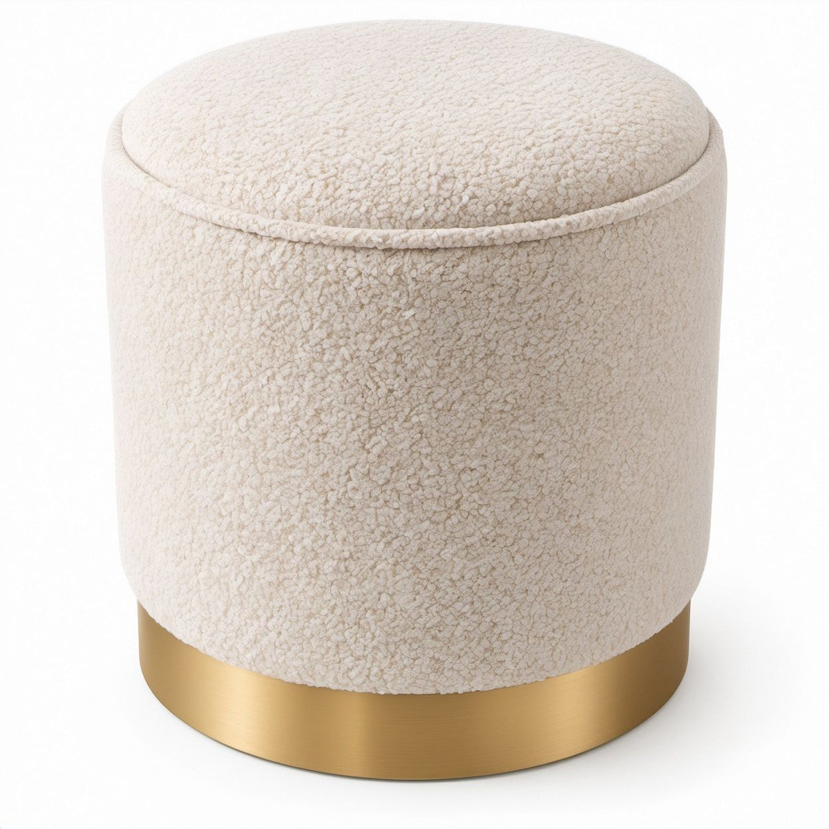 Runder Polsterhocker Ø 40 x 43 cm aus Polyester-Bouclé in Creme mit goldfarbenem Edelstahlring