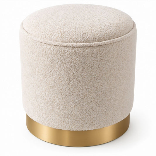 Runder Polsterhocker Ø 40 x 43 cm aus Polyester-Bouclé in Creme mit goldfarbenem Edelstahlring