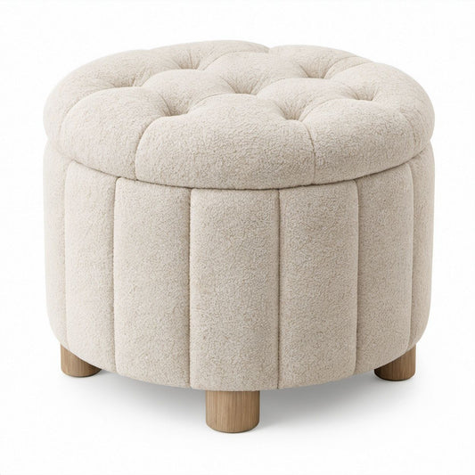 Runder Bouclé-Hocker in Cremeweiß mit Holzfüßen, Ø 60 x 45 cm
