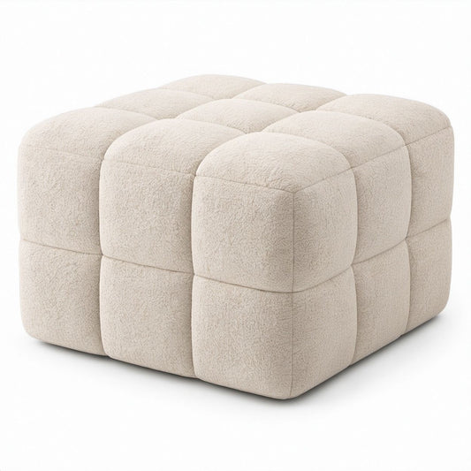Quadratischer Hocker aus cremefarbenem Bouclé-Polyester, 45 x 45 x 45 cm