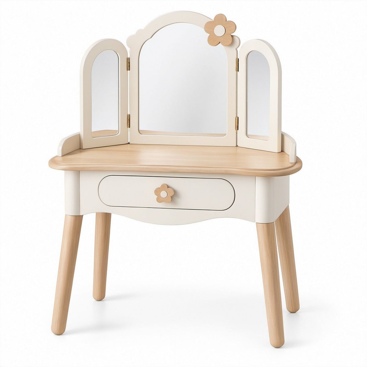 Kinder-Schminktisch mit dreiteiligem Klappspiegel, Schublade, Weiß/Naturholz, 80 x 40 x 112 cm