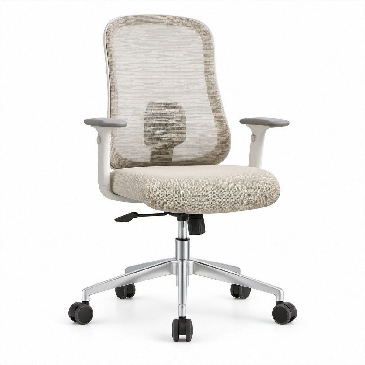 Ergonomischer Bürodrehstuhl Beige mit Netzrücken, Polyesterbezug und Aluminiumfußkreuz, 64 x 64 x 112–122 cm