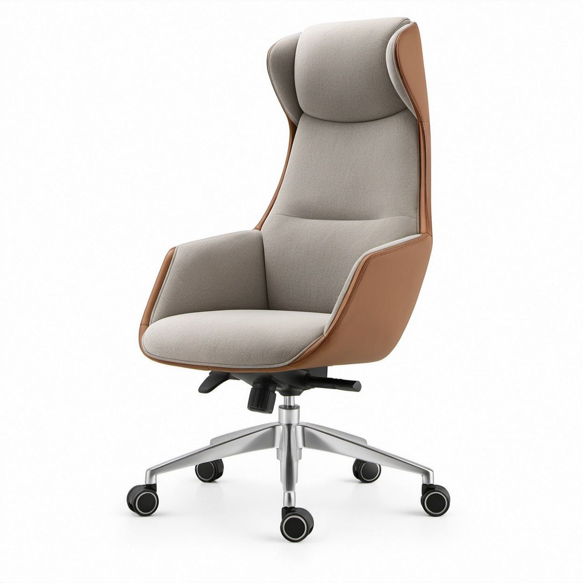Ergonomischer Chefsessel mit hoher Rückenlehne, Grau/Cognacbraun, 68 x 68 x 118–128 cm